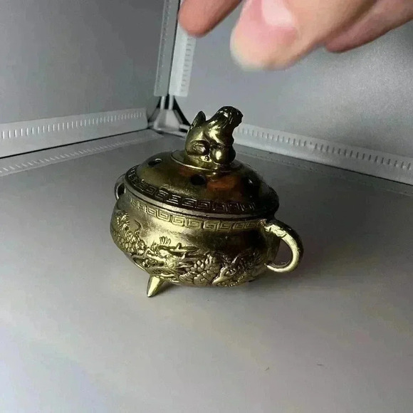 Vintage Gold Metal Incense Burner Japan Foo Dog Dragon 2” Mini Lidded Lid - Picture 3 of 8